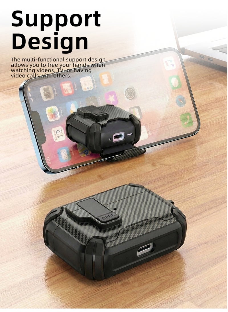 الآلة الصغيرة AirPods Pro 3 غطاء حماية من الدروع الصلبة من ألياف الكربون المقاومة للصدمات ، تصميم قفل آمن ، يدعم الشحن السلكي واللاسلكي دون إزالة القشرة ، مجموعة كاملة مع أداة التنظيف وحلقة المفاتيح المحمولة (أسود) - Image 5